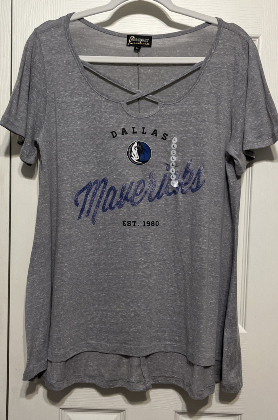 Gameday Couture Dallas Maverick Gray/Blue Slub Knit Caged Neck Top Size L NWOT