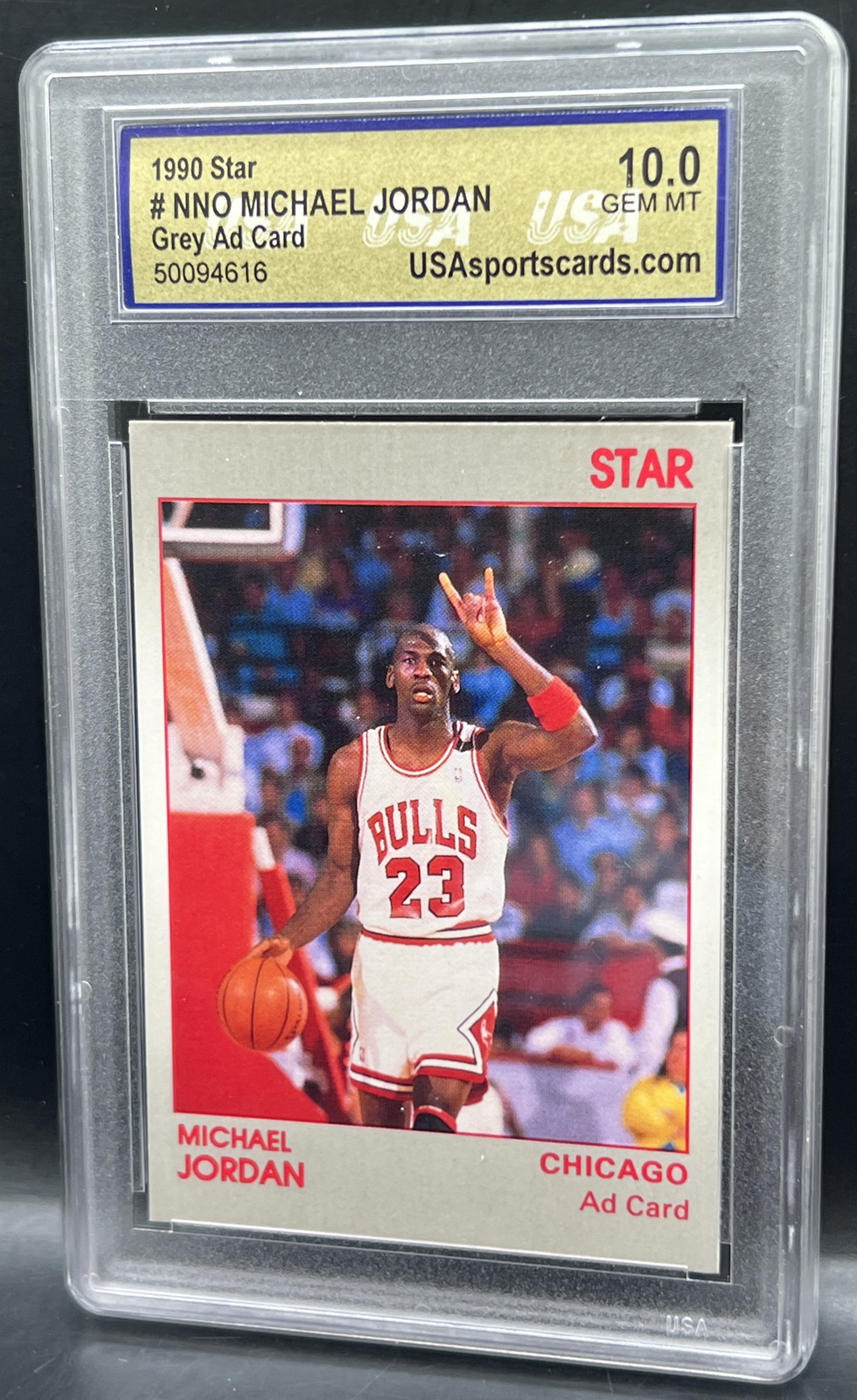 1990 Star Michael Jordan #NNO Grey Ad Card USA 10 GEM Mint Chicago Bulls