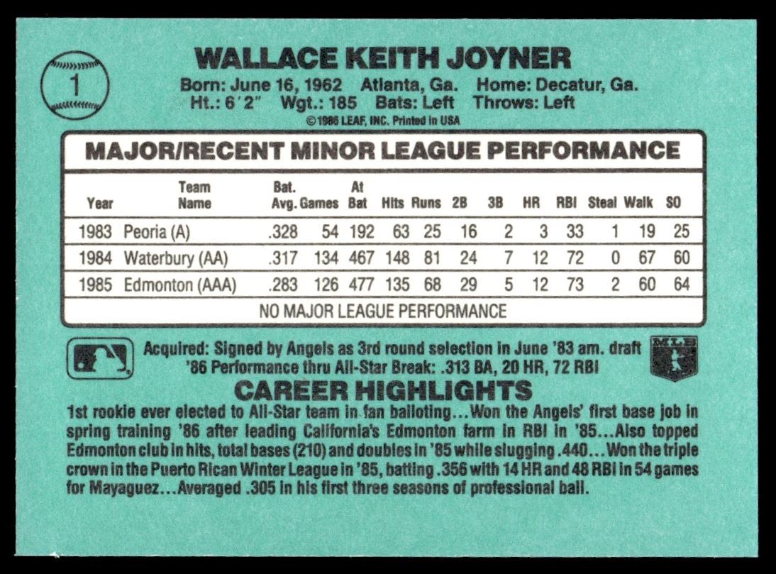 1986 Donruss The Rookies Wally Joyner #1