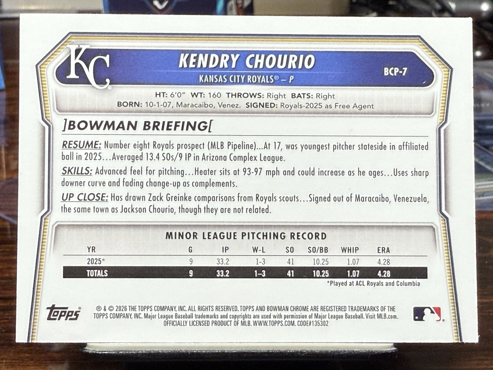 2026 Bowman Sapphire Kendry Chourio Green Sapphire /99 #BCP-7 Kansas City Royals