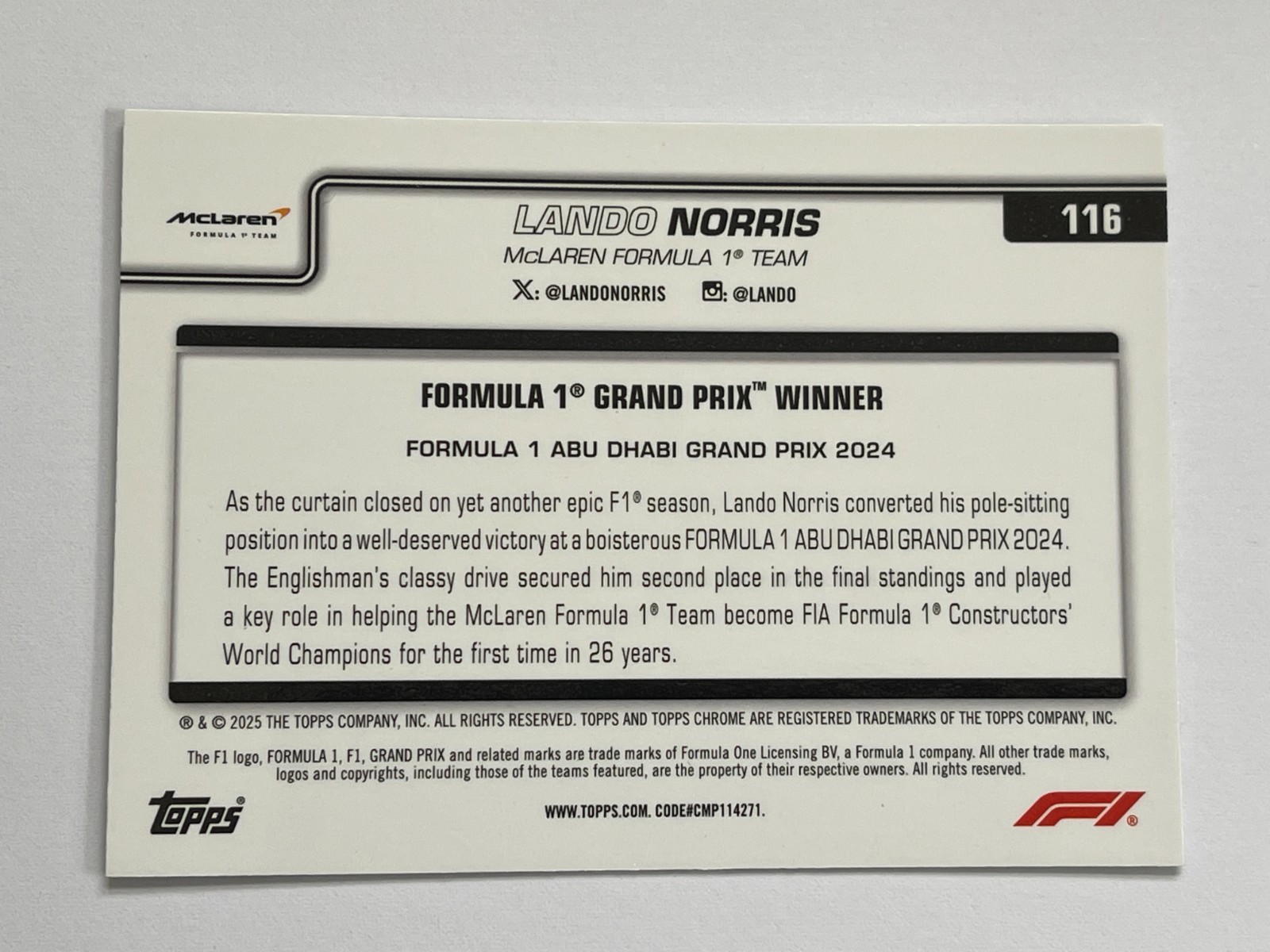 2025 Topps Chrome F1 McLaren Lando Norris Black & White Raywave Refractor #116