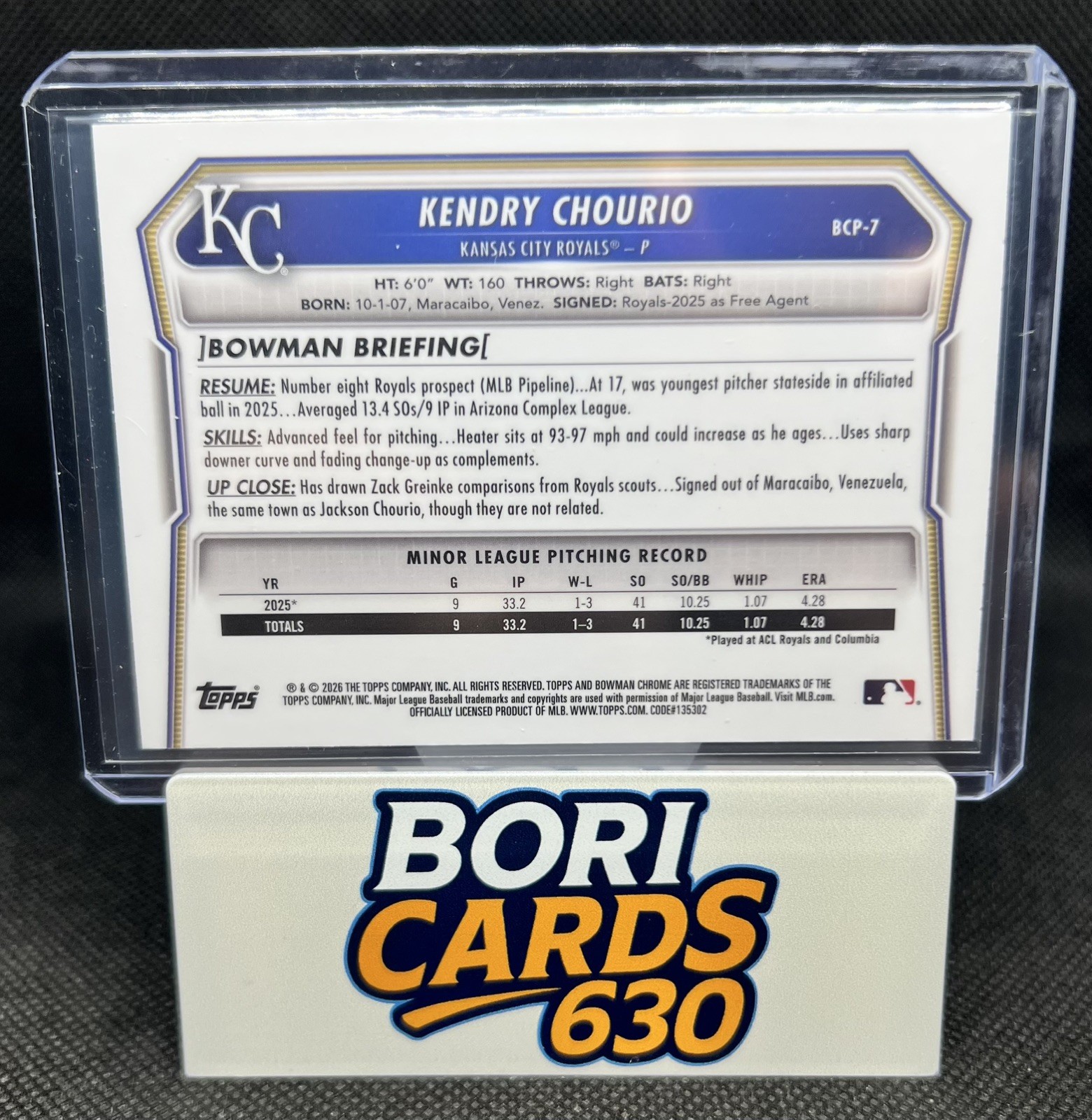 2026 Bowman #BCP-7 Kendry Chourio Chrome Prospects Green Shimmer Refractor #/99