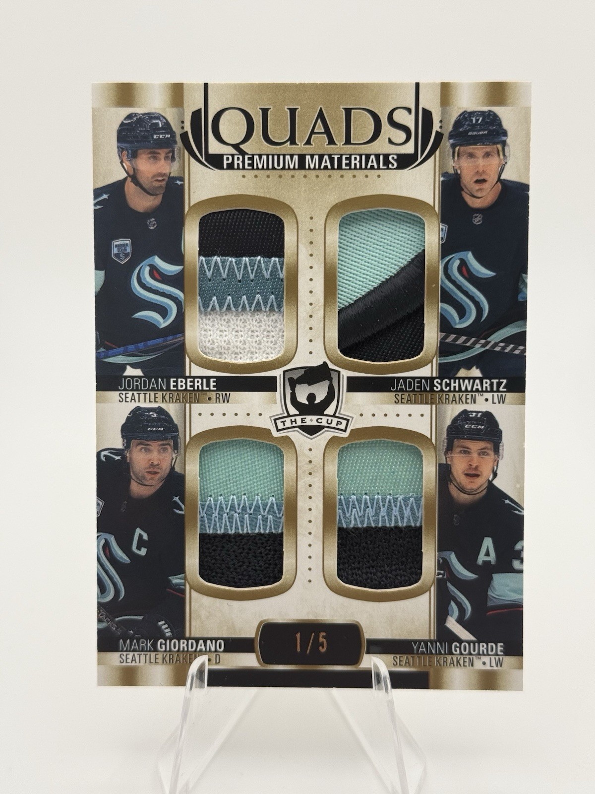 2021-22 UD Ultimate Quad Materials Eberle Gourde Giordano Schwartz /5 Kraken