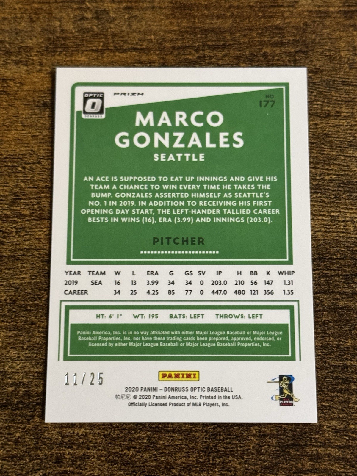 2020 Panini Donruss Optic Marco Gonzales #177 Black Prizm /25 Mariners SSP Free