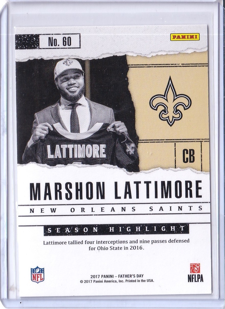 2017 Panini Father’s Day /499 Marshon Lattimore Rookie RC #60 New Orleans Saints