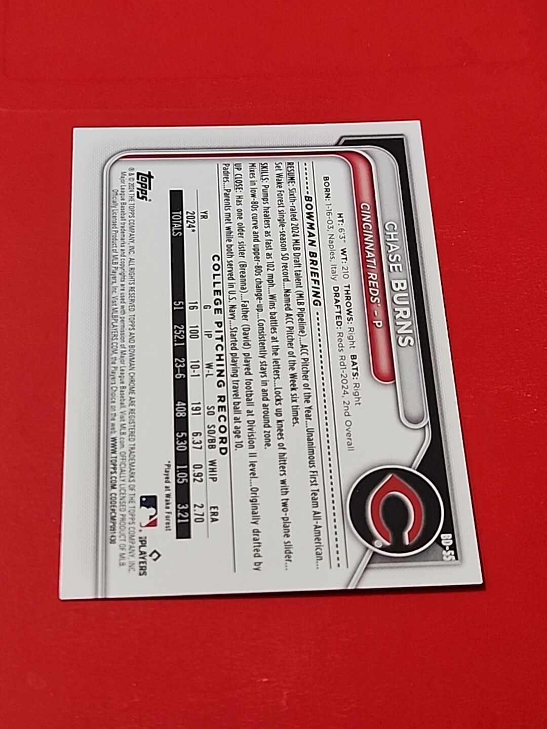 2024 Bowman Draft Paper Base BD-55 Chase Burns Cincinnati Reds