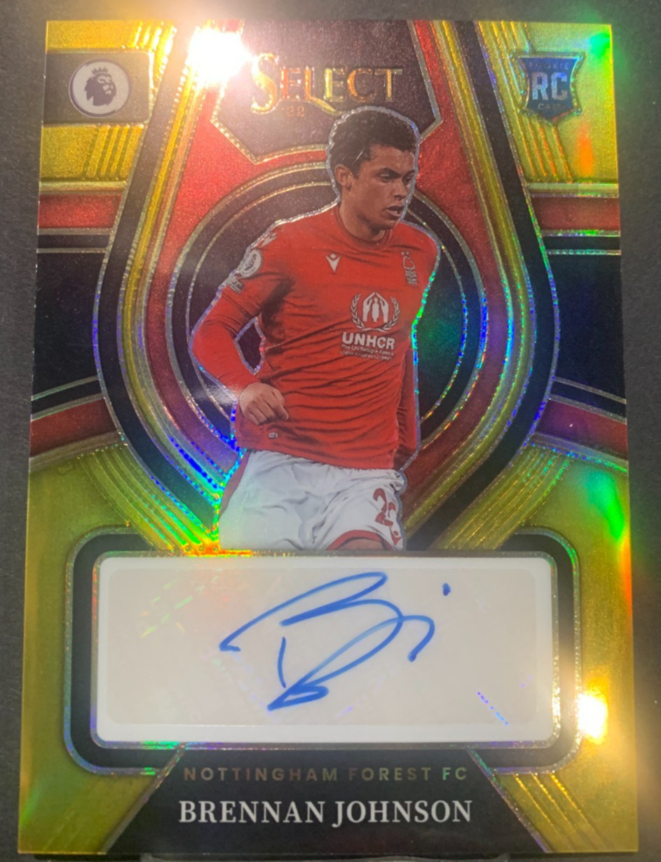 2022/23 Panini Select Premier League Soccer, Brennan Johnson RC, Auto, Gold, /10