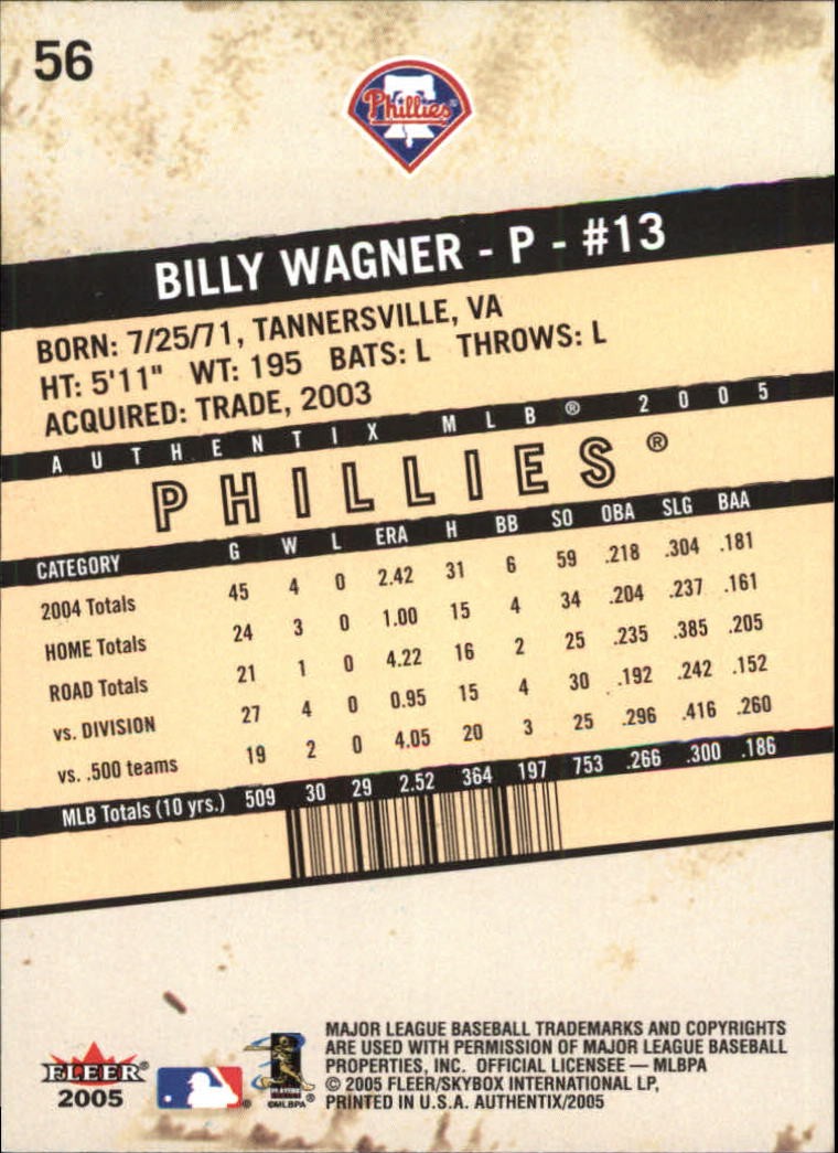2005 Fleer Authentix #56 Billy Wagner – BB