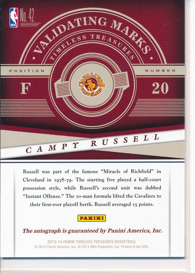 2013-14 Timeless Treasures Validating Marks Signatures Campy Russell #42 /99