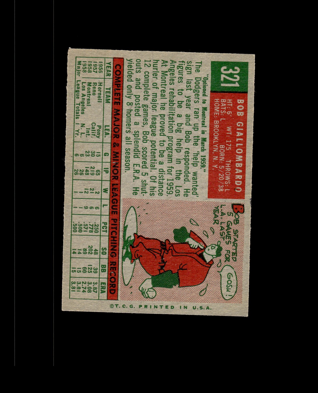 1959 Topps 321A Bob Giallombardo RC with Option Line EX-MT #D1,483207