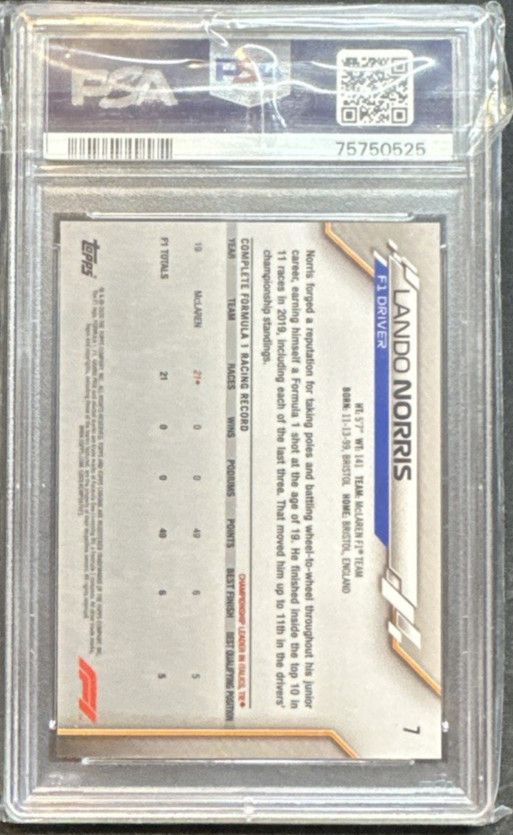 2020 Topps Chrome Formula 1 Lando Norris Sapphire Edition PSA 10 #7 Rookie RC F1