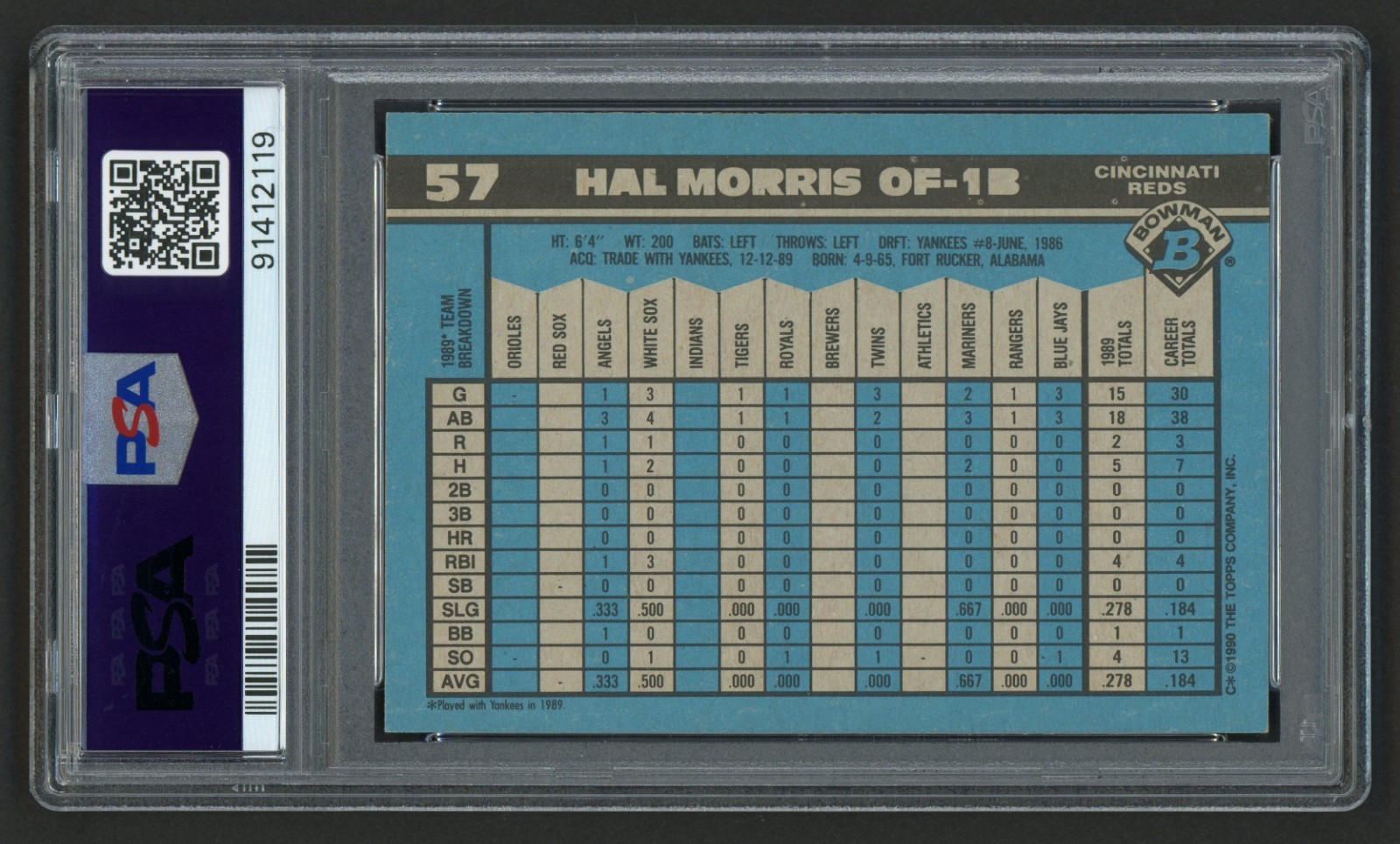1990 BOWMAN HAL MORRIS #57 CINCINNATI REDS ROOKIE RC PSA 8 NEAR MINT-MINT