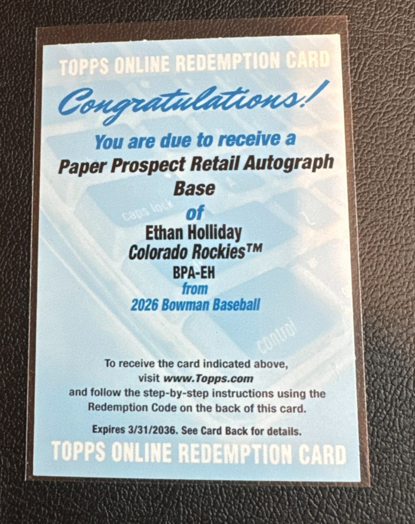 2026 BOWMAN ROCKIES ETHAN HOLLIDAY PROSPECT BASE RETAIL AUTO REDEMPTION BPA-EH
