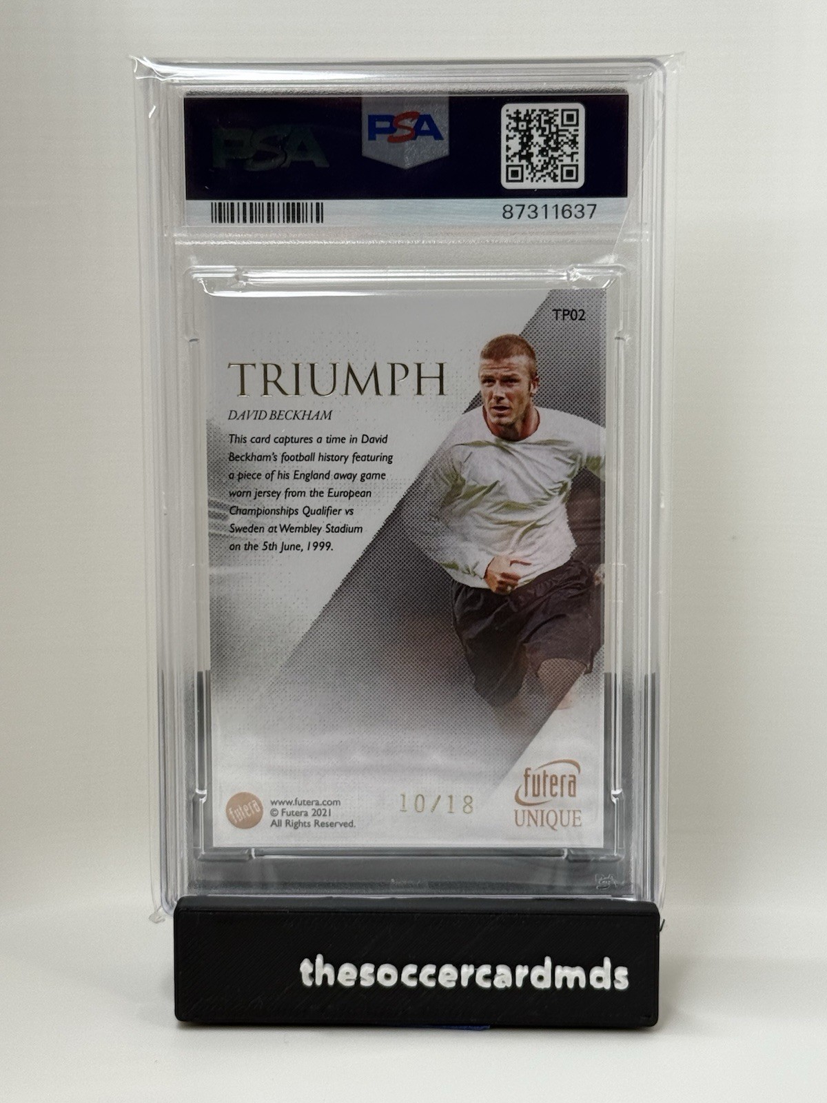 David Beckham 2021-22 Futera Unique WF Triumph Relics TP02 /18 PSA 10 032325MLCD