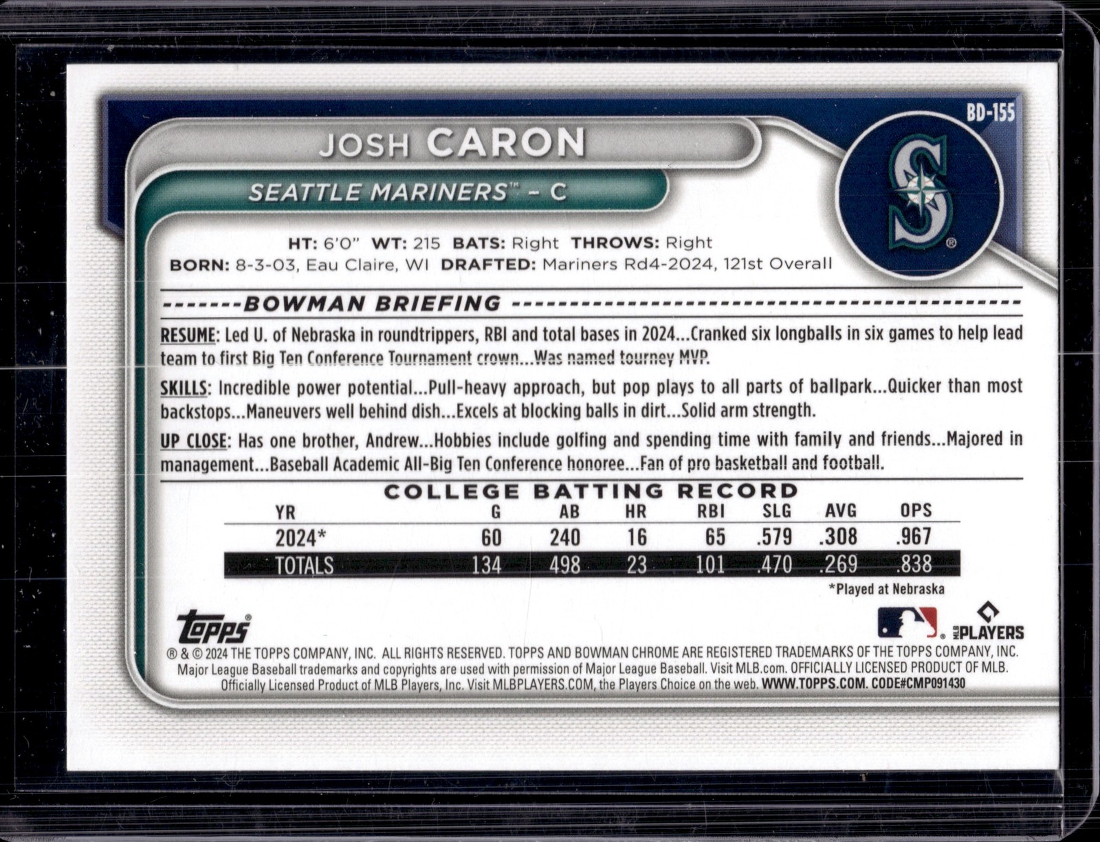 2024 Bowman Draft #BD-155 Josh Caron Green #/99 Seattle Mariners C09
