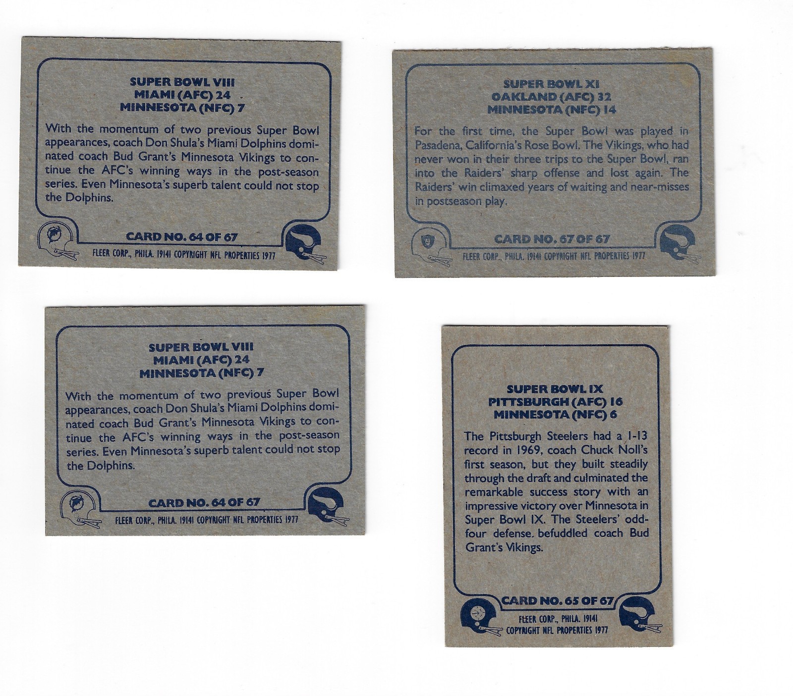 1977 Fleer NFL Team Action Football (1-67) Pick Your Cards, EXCELLENT