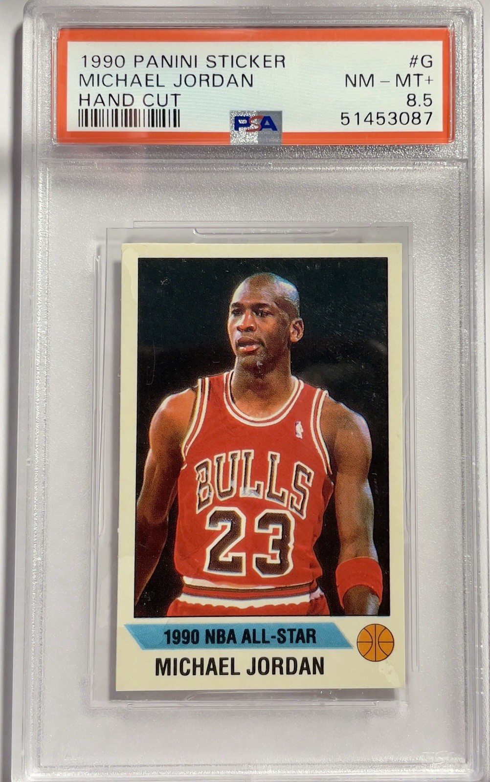 1990 Panini Sticker Michael Jordan Hand Cut #G – PSA 8.5