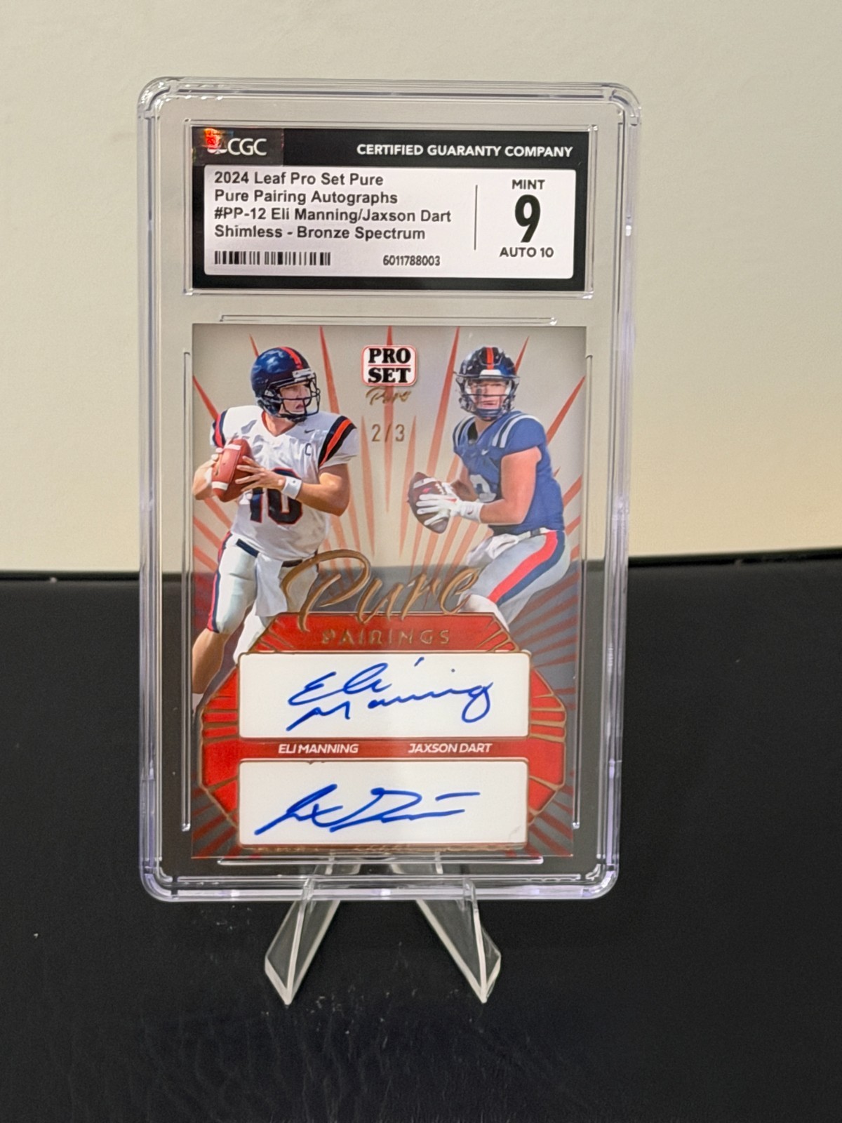 2024 Pro Set Pure Pairings Dual Auto – Eli Manning/Jaxson Dart -2/3 – CGC 9 Mint