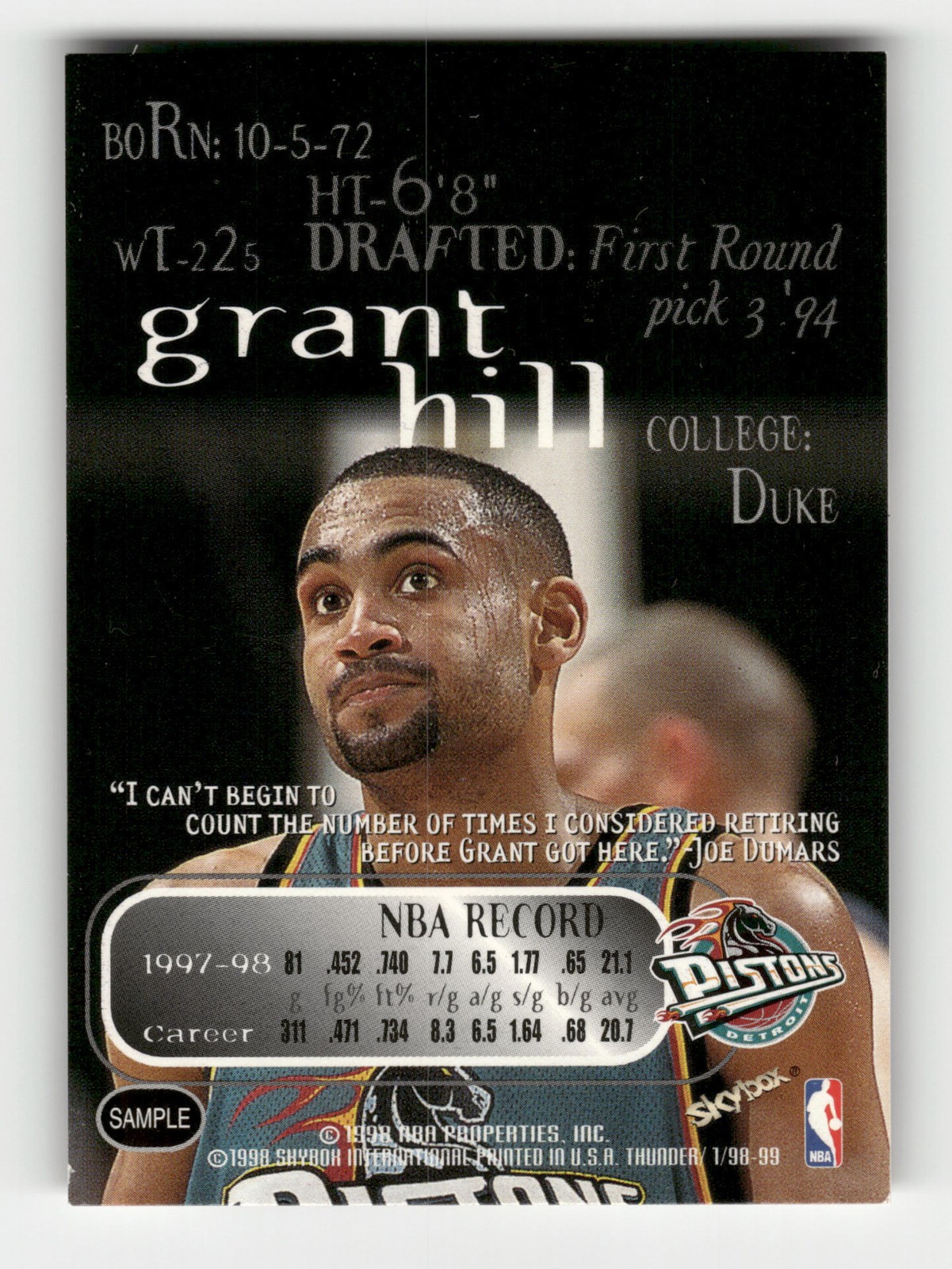 1998-99 SkyBox Thunder Grant Hill #113 Detroit Pistons