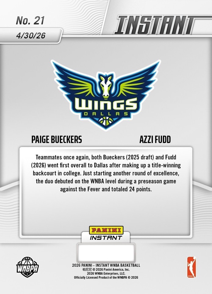 2026 Panini Instant WNBA #21 Paige Bueckers Azzi Fudd Dallas Wings – Presale