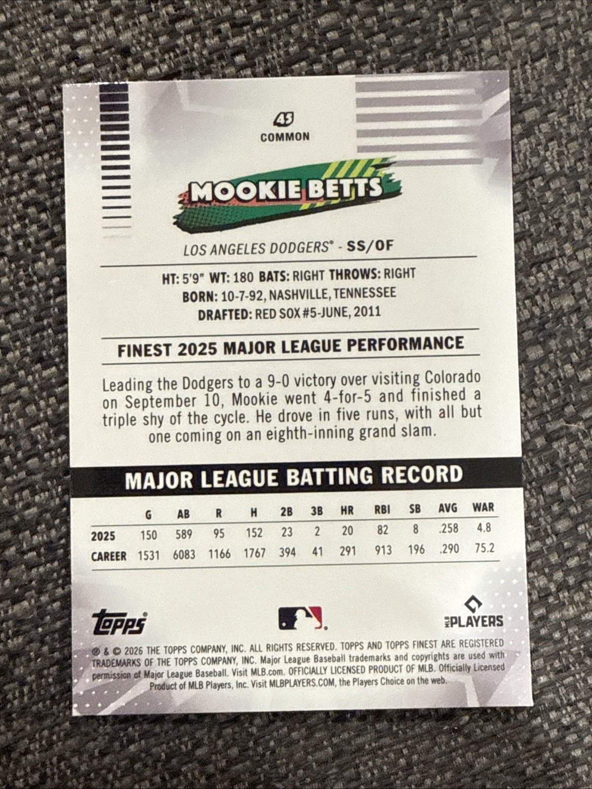 2026 Topps Finest – Common Mookie Betts #45 Green Mini Diamonds Refractor /99