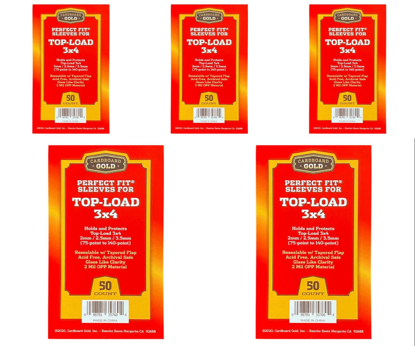 250 Cardboard Gold Perfect Fit Sleeves for Top-Load 3×4 from 75-140 Pt Bag