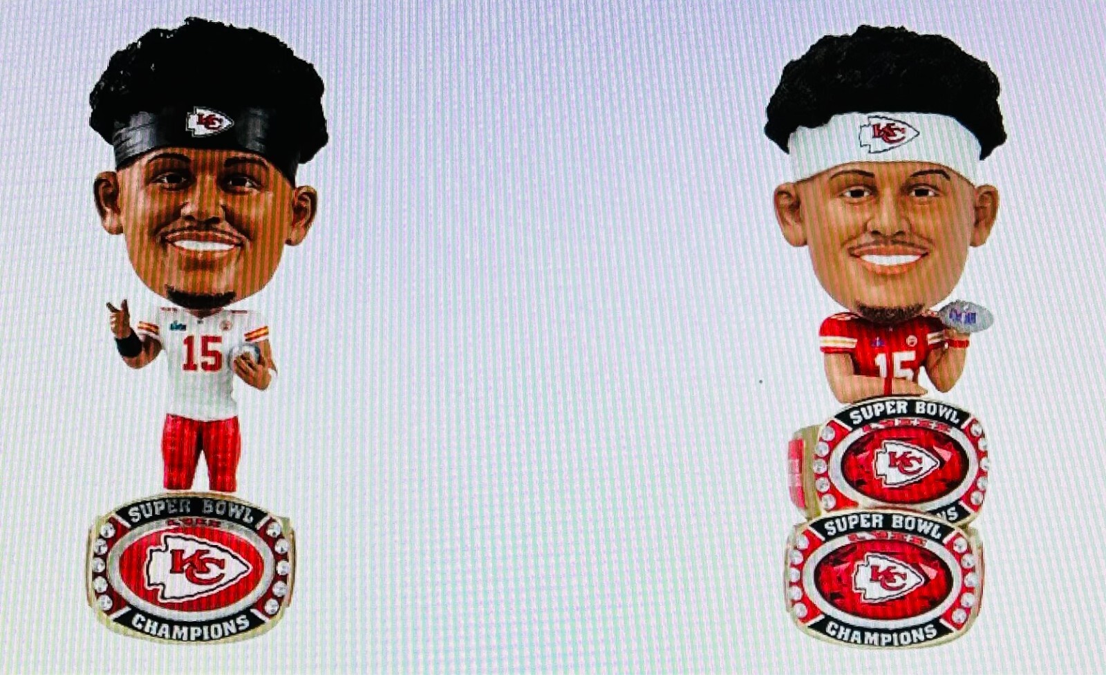 Patrick Mahomes BACK-TO-BACK Super Bowl RING BASE BIGHEAD Bobblehead SET! FOCO!