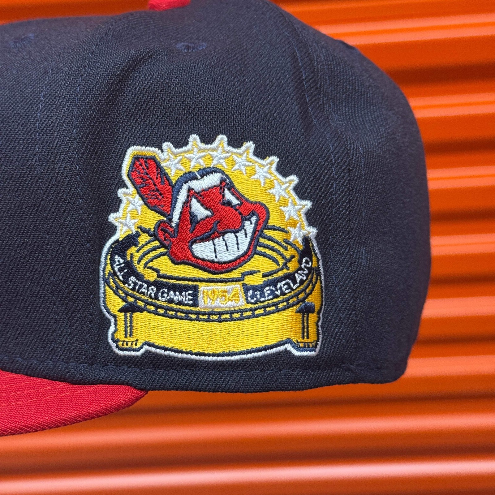 Navy Red Chief Wahoo Cleveland Indians Guardians 1954 ASG Double Patch Hat New E