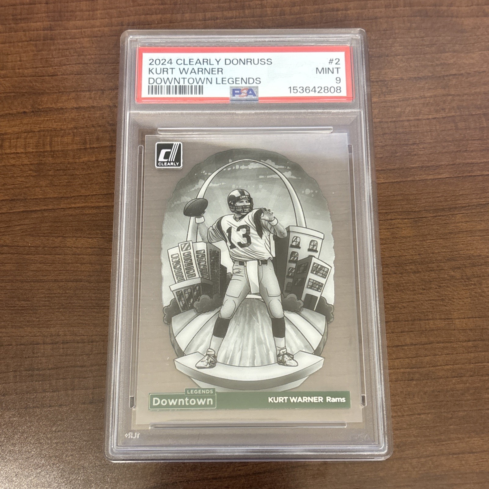Kurt Warner 2024 Clearly Donruss Legends #2 Downtown Case Hit PSA 9