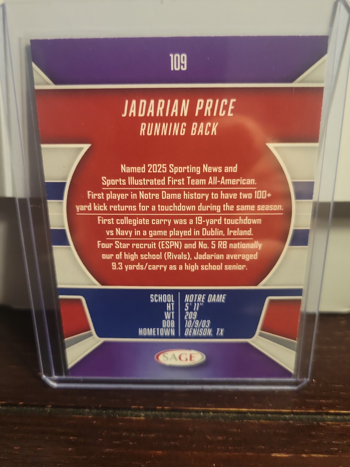 2026 Sage High Series Teal Next Level Jadarian Price #109 Notre Dame RC