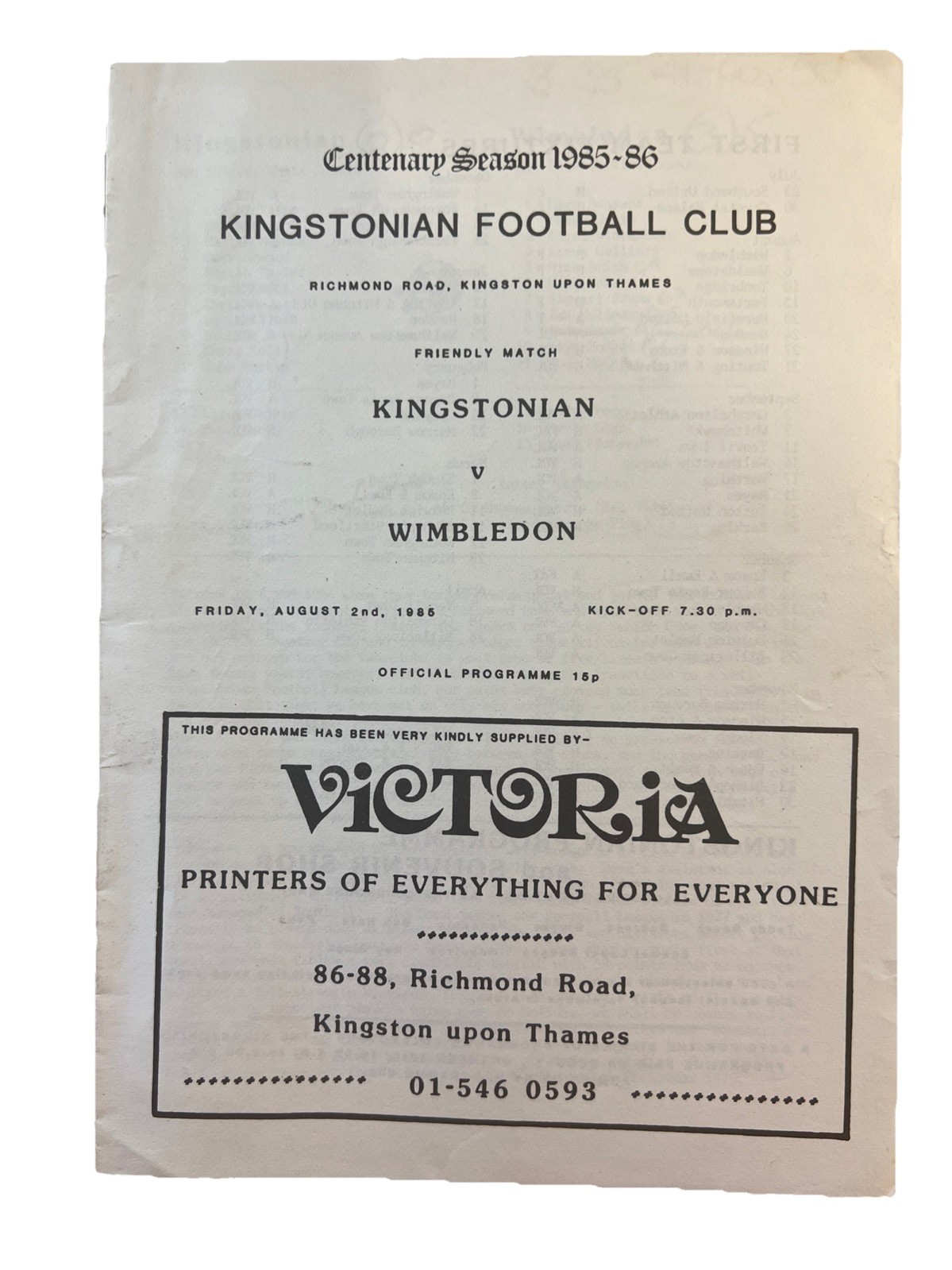 85/86 Kingstonian v. Wimbledon – Friendly.