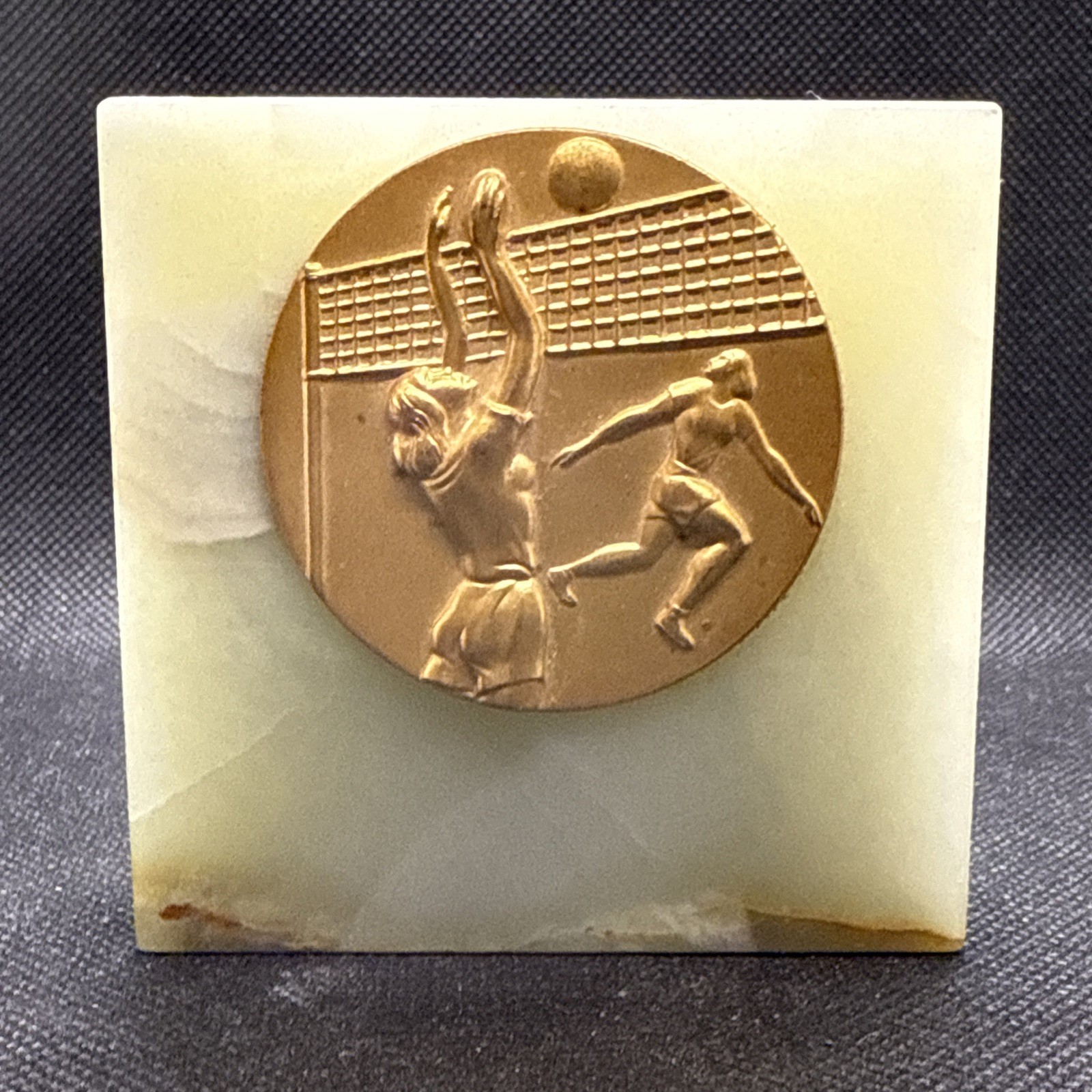 Vintage Volleyball Trophy Plaque Green Onyx Stone Bronze Relief Paperweight