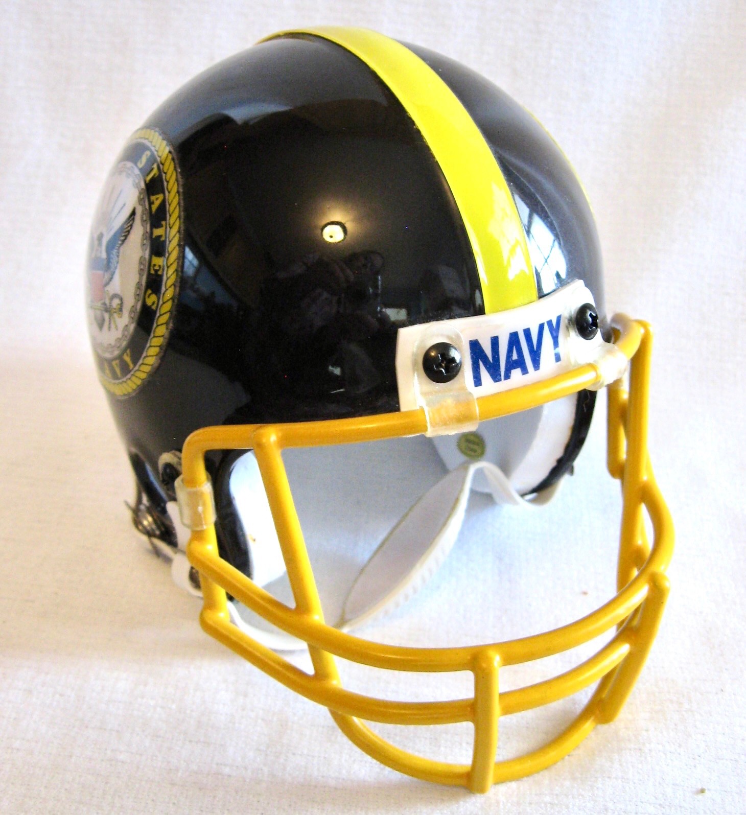 US NAVY MINI FOOTBALL HELMET Glossy Blue w Yellow Grill, No Tags, Maker Unknown