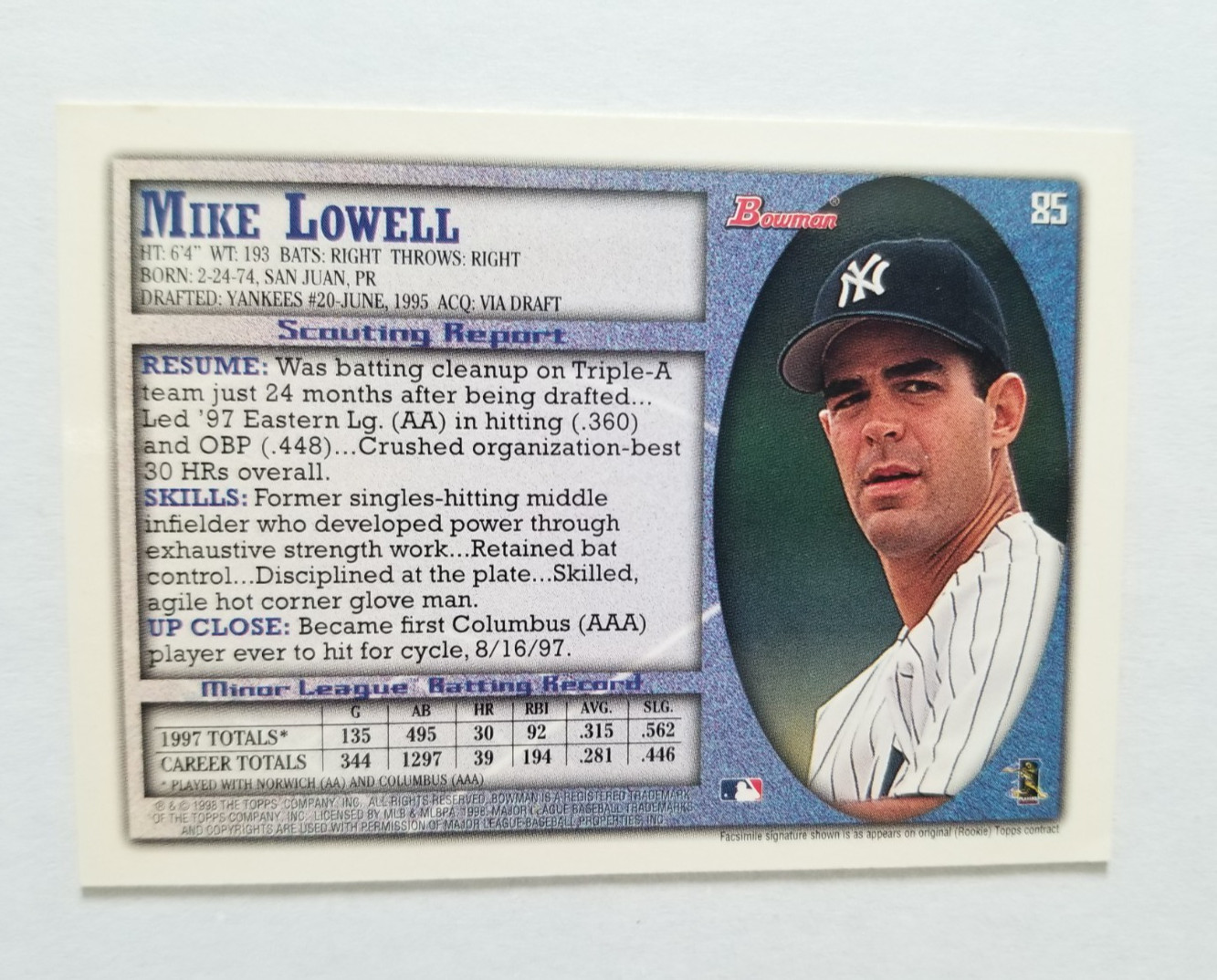 1998 Bowman – Mike Lowell #85 (RC) New York Yankees