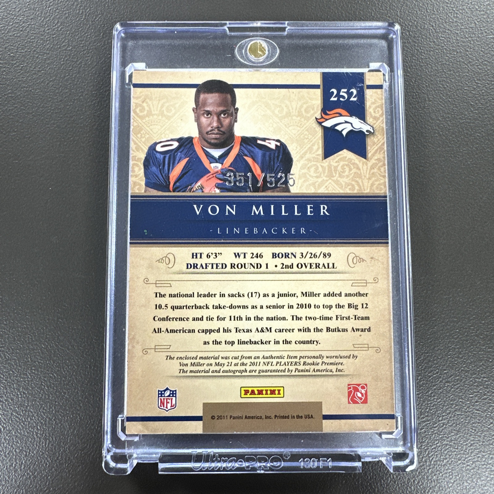 Von Miller 2011 Gold Standard 2 Color Rookie Patch Auto #351 /525 Broncos Rams