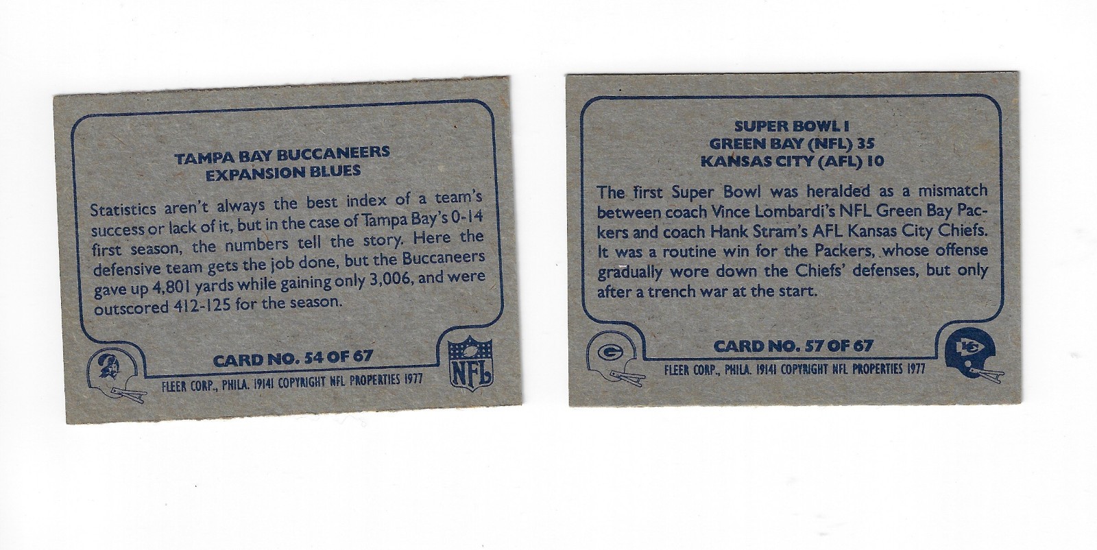 1977 Fleer NFL Team Action Football (1-67) Pick Your Cards, EXCELLENT