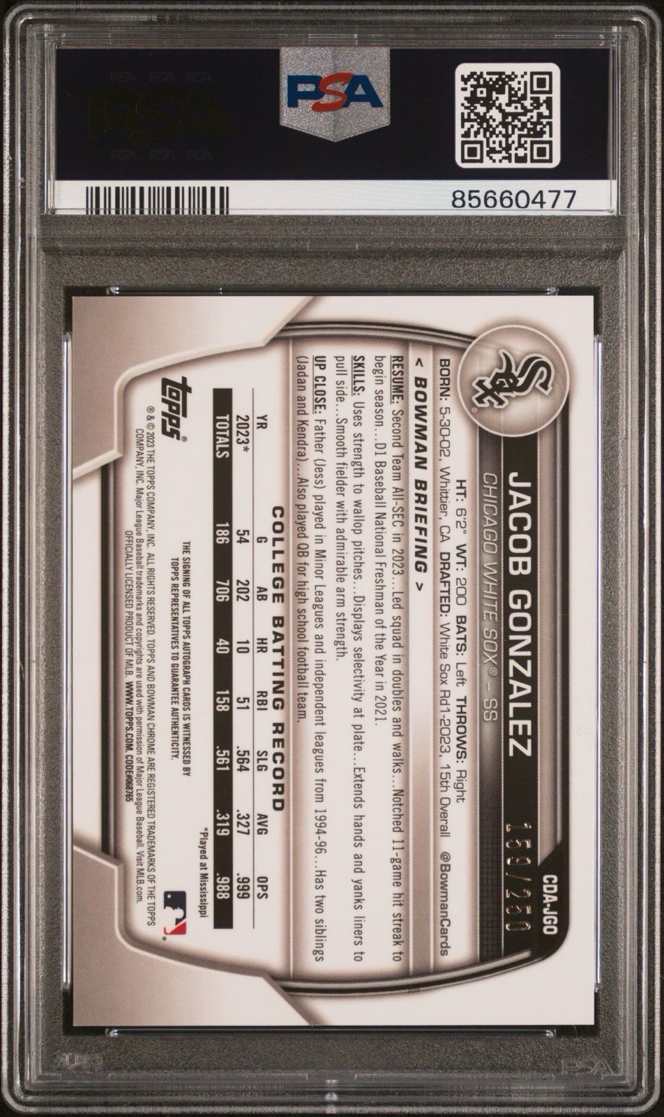 2023 Bowman Draft Jacob Gonzalez Purple Refractor Auto */250 PSA 10
