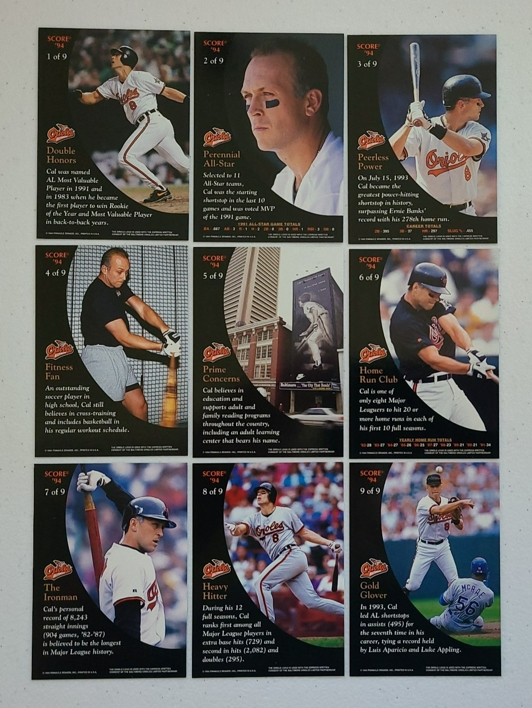 1994 Score Burger King Cal Ripken Jr. Complete 9 Card Set – Orioles HOF
