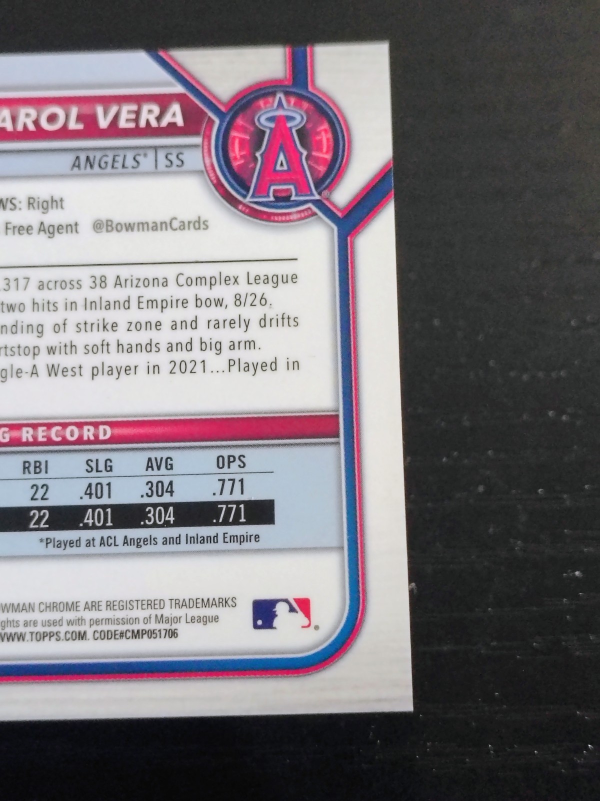 2022 Bowman Chrome Prospects Arol Vera #BCP-101 Gold Shimmer Refractor /50 SP