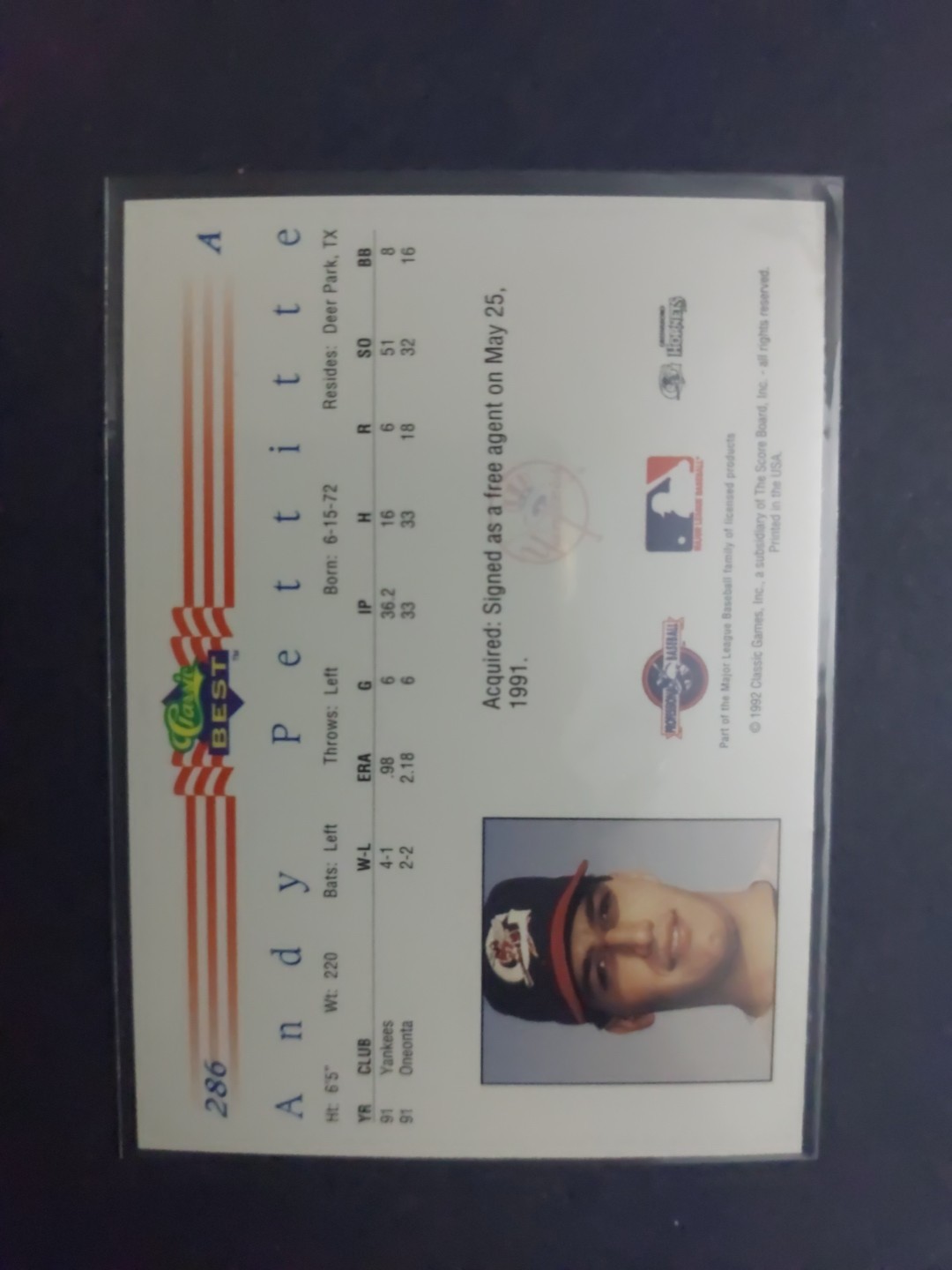 1992 Classic Best Andy Pettitte #286 Rookie