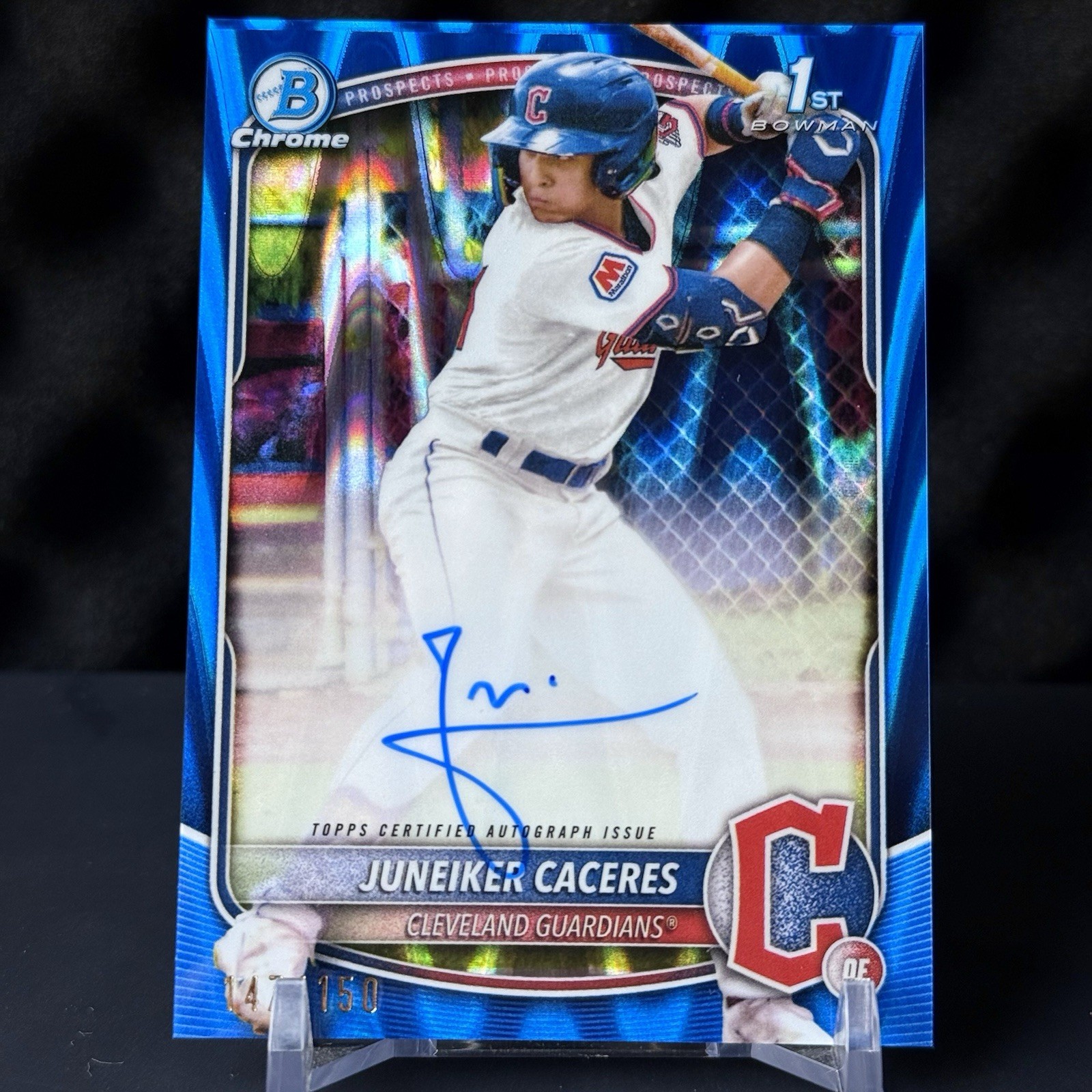 2025 Bowman Chrome Prospect Auto Juneiker Caceres Blue RayWave Refractor /150