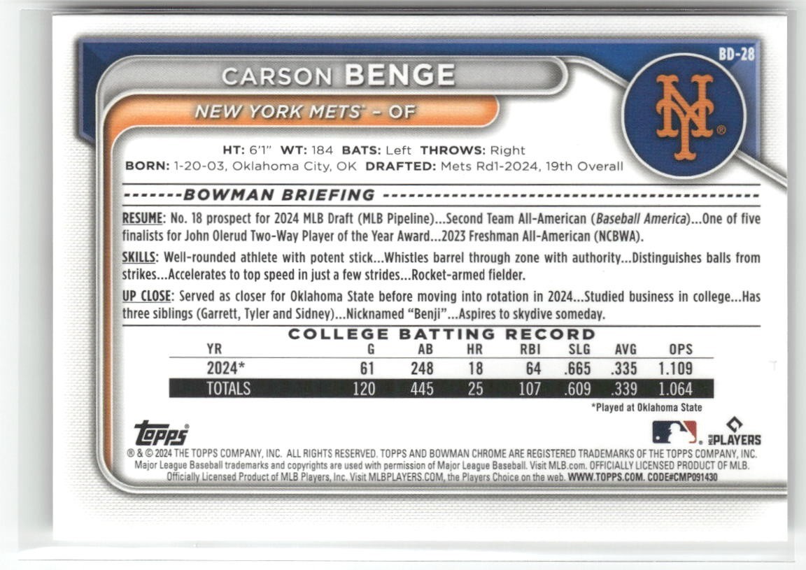 2024 Bowman Draft Carson Benge 1st Paper Base #BD-28