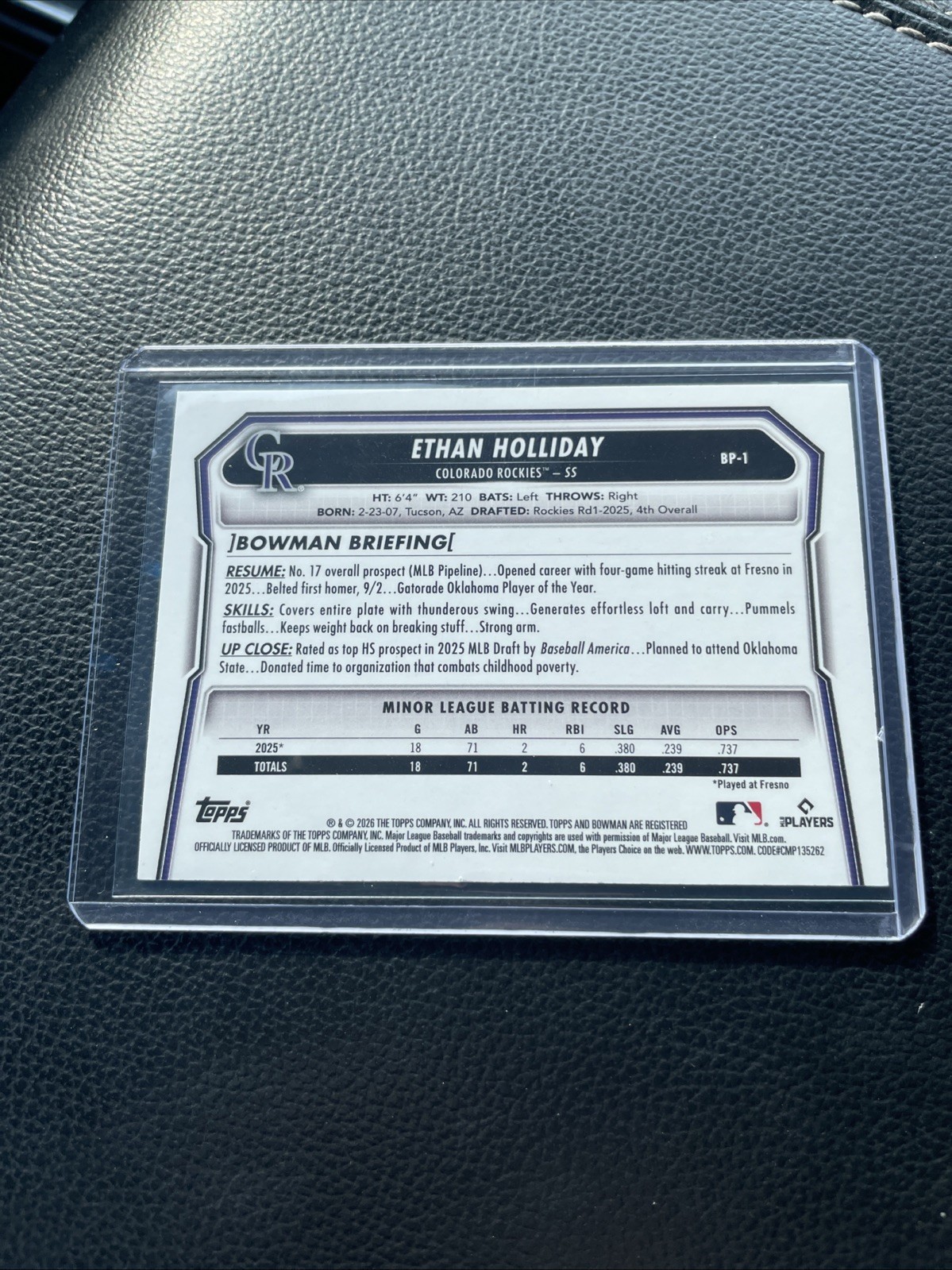 Ethan Holliday 2026 Bowman 1st Bowman Paper Green /99 BP-1Colorado Rockies SS