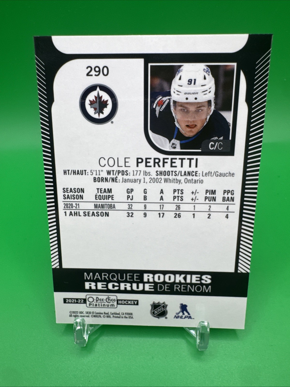 2021-22 OPC Platinum Marquee Rookies #290 Cole Perfetti – Winnipeg Jets