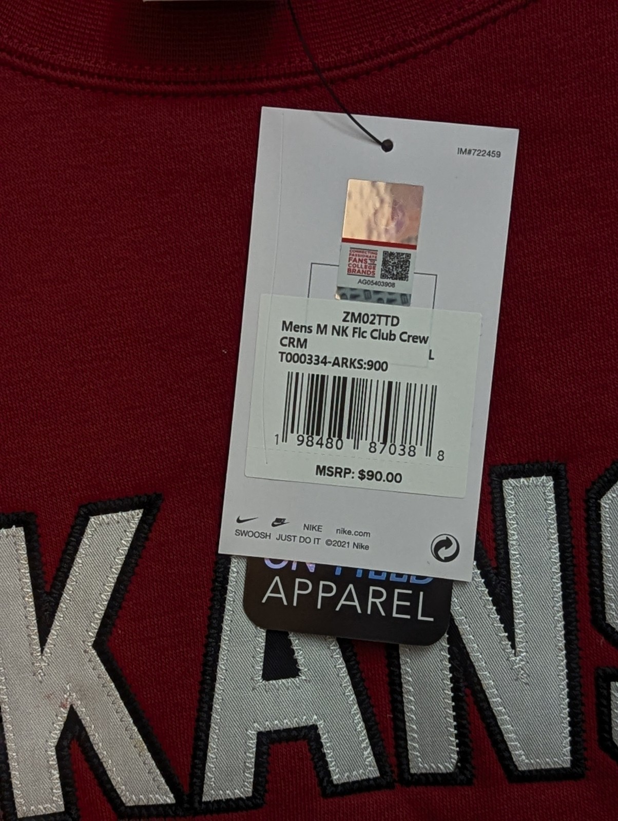 Nike Arkansas Razorbacks Tackle Twill Club Fleece Crew Sweatshirt Mens L