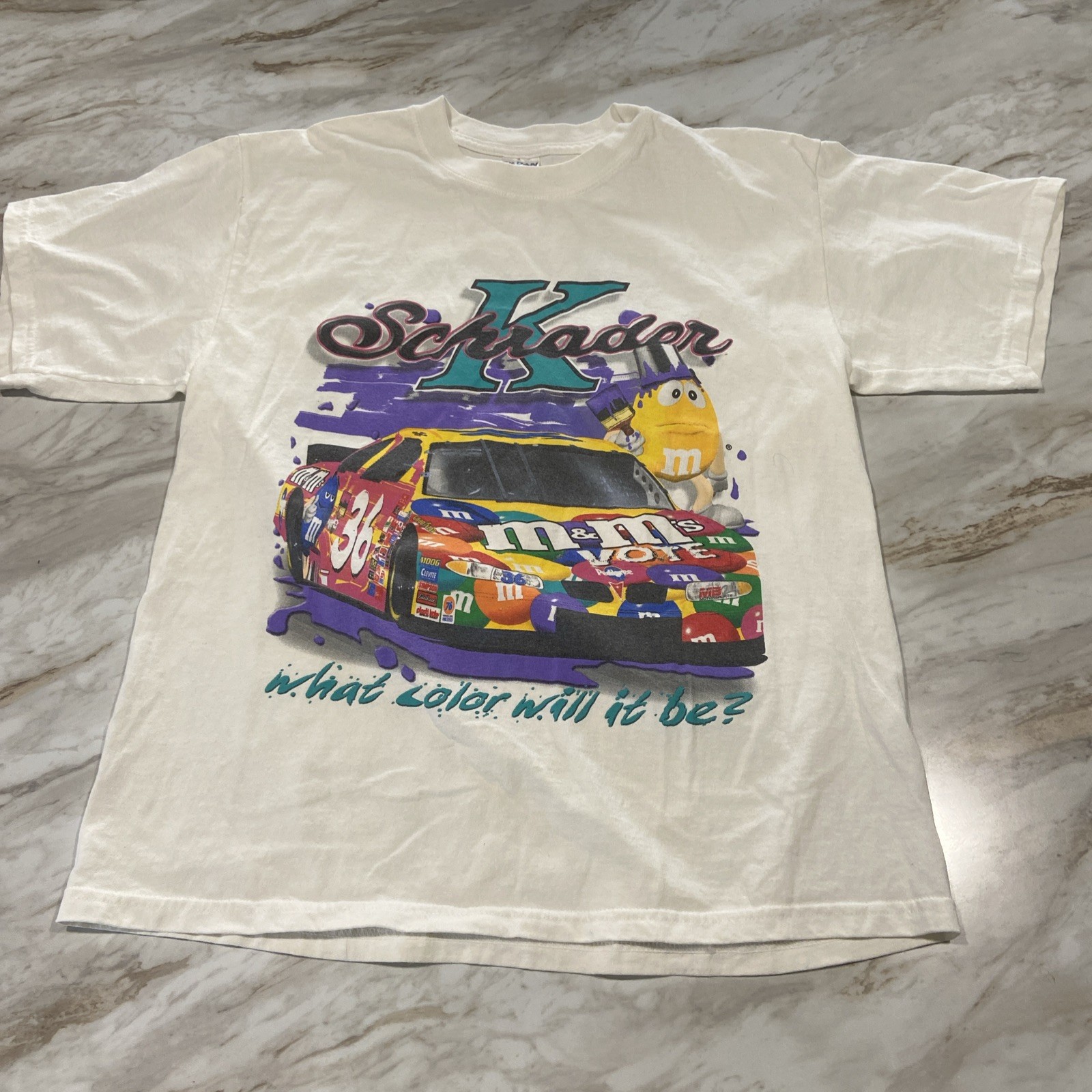 VTG ‘02 Ken Schrader M&Ms Racing NASCAR Shirt – White Double Sided – Mens L