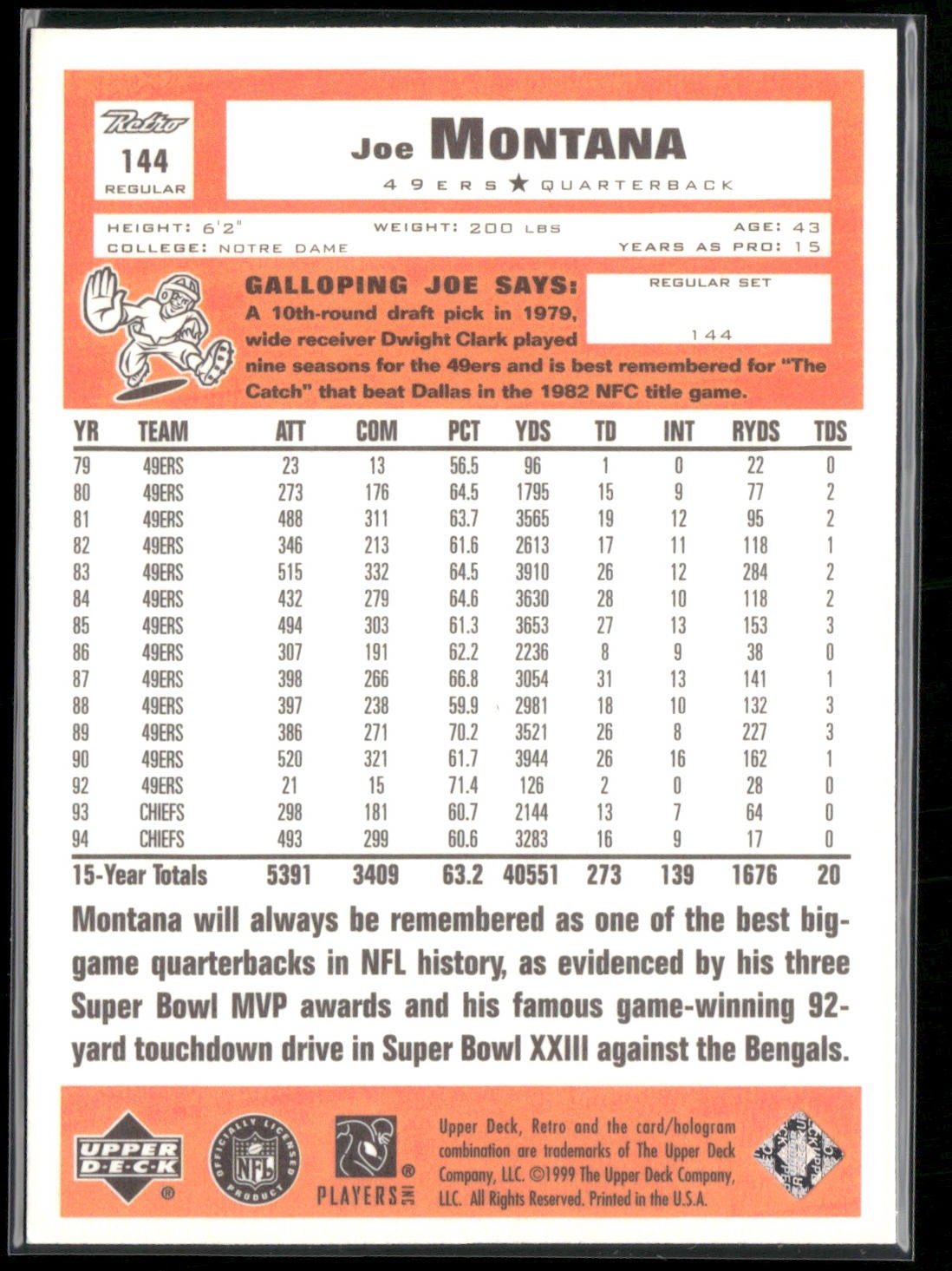 1999 Upper Deck Retro #144 Joe Montana