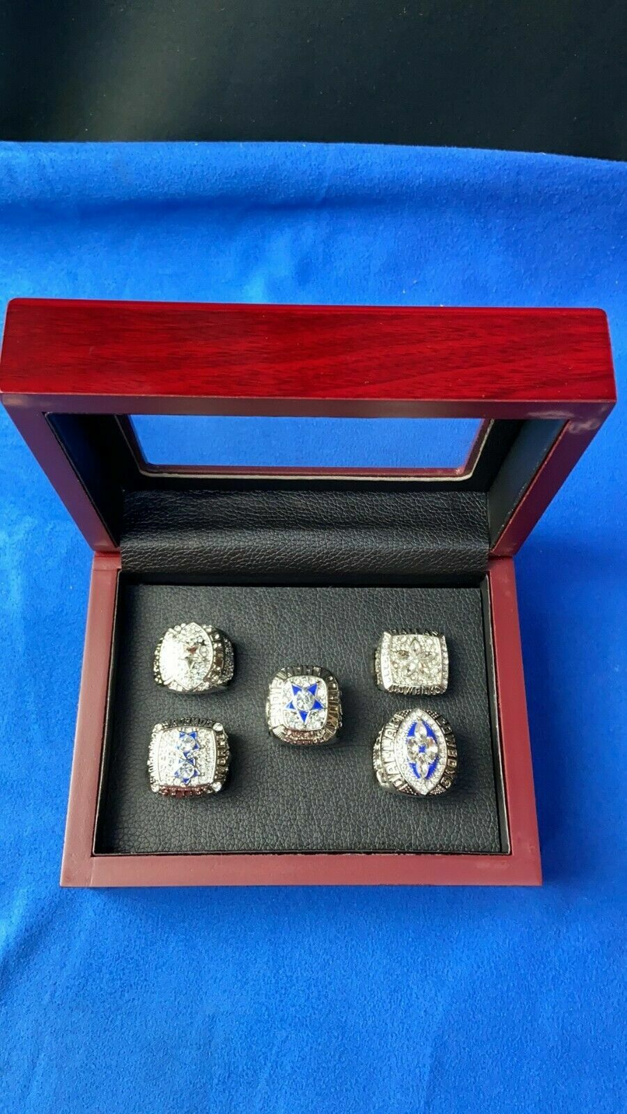 Dallas Cowboys Set of 5 Silver Color Super Bowl Rings With Wooden Display Box