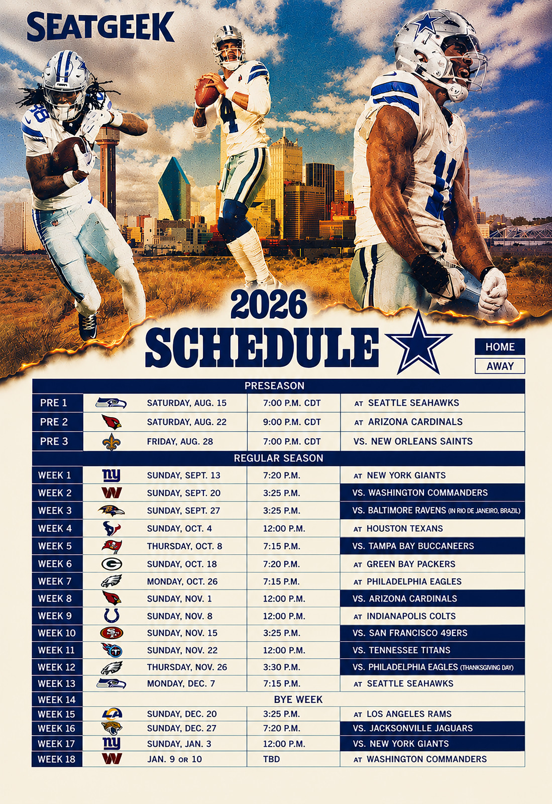Dallas Cowboys 2026 Schedule Poster Multiple Sizes Dallas Cowboys Football