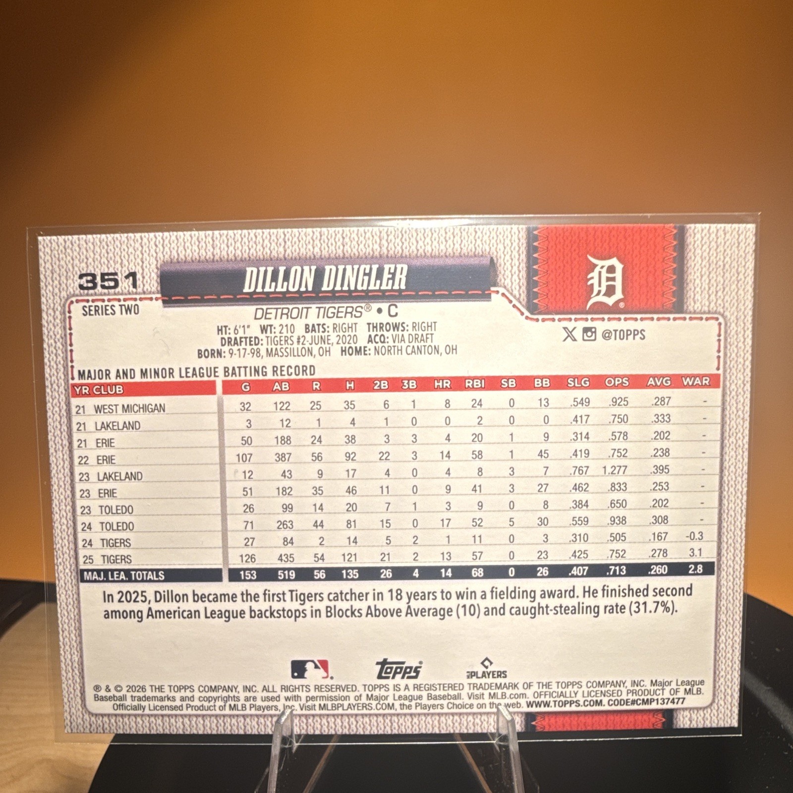 Topps Series Two 2026 Dillon Dingler Detroit Tigers Rainbow Foil #351